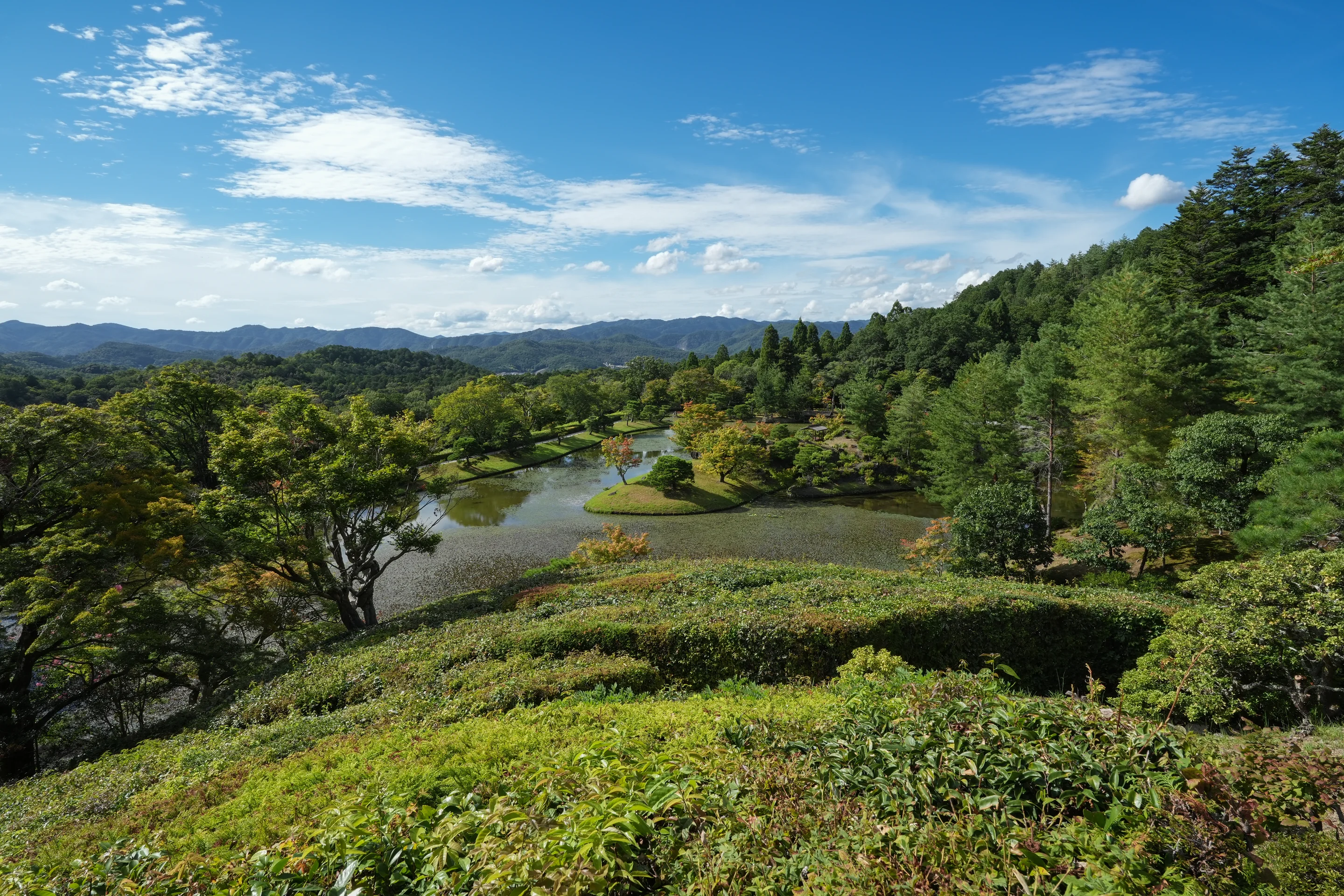Shugakuin Imperial Villa garden, pond, and mountains in Kyoto