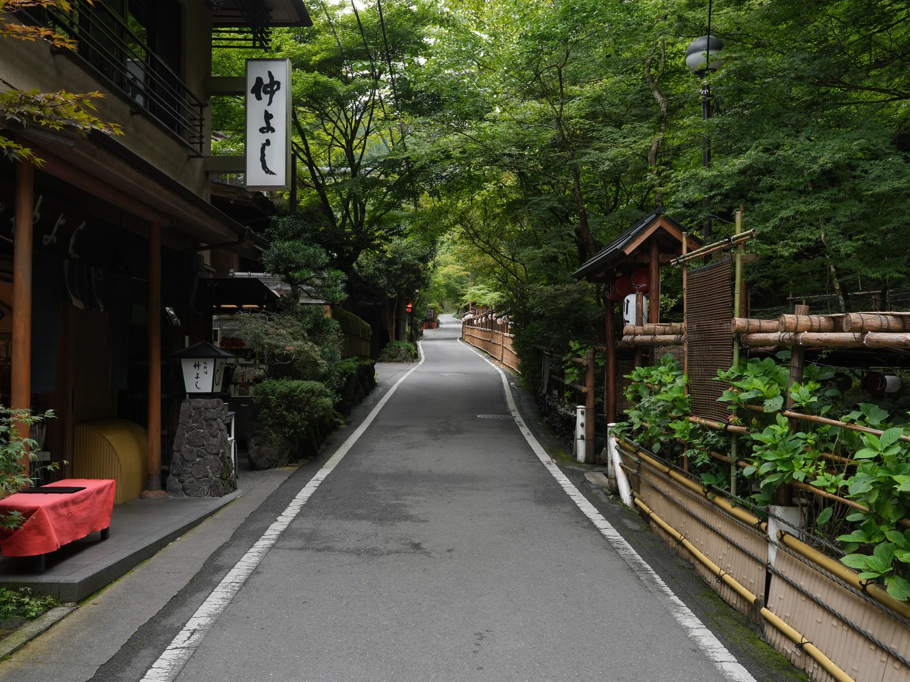A quiet road through Kibune village beside traditional inns and greenery.