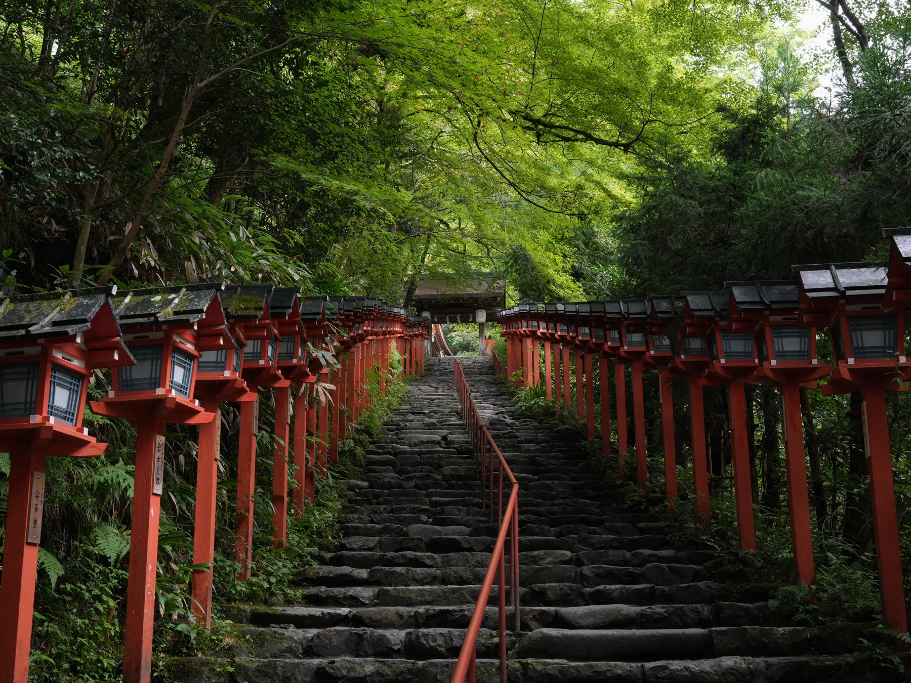 Stone steps lined with red lanterns leading up to Kifune Shrine.