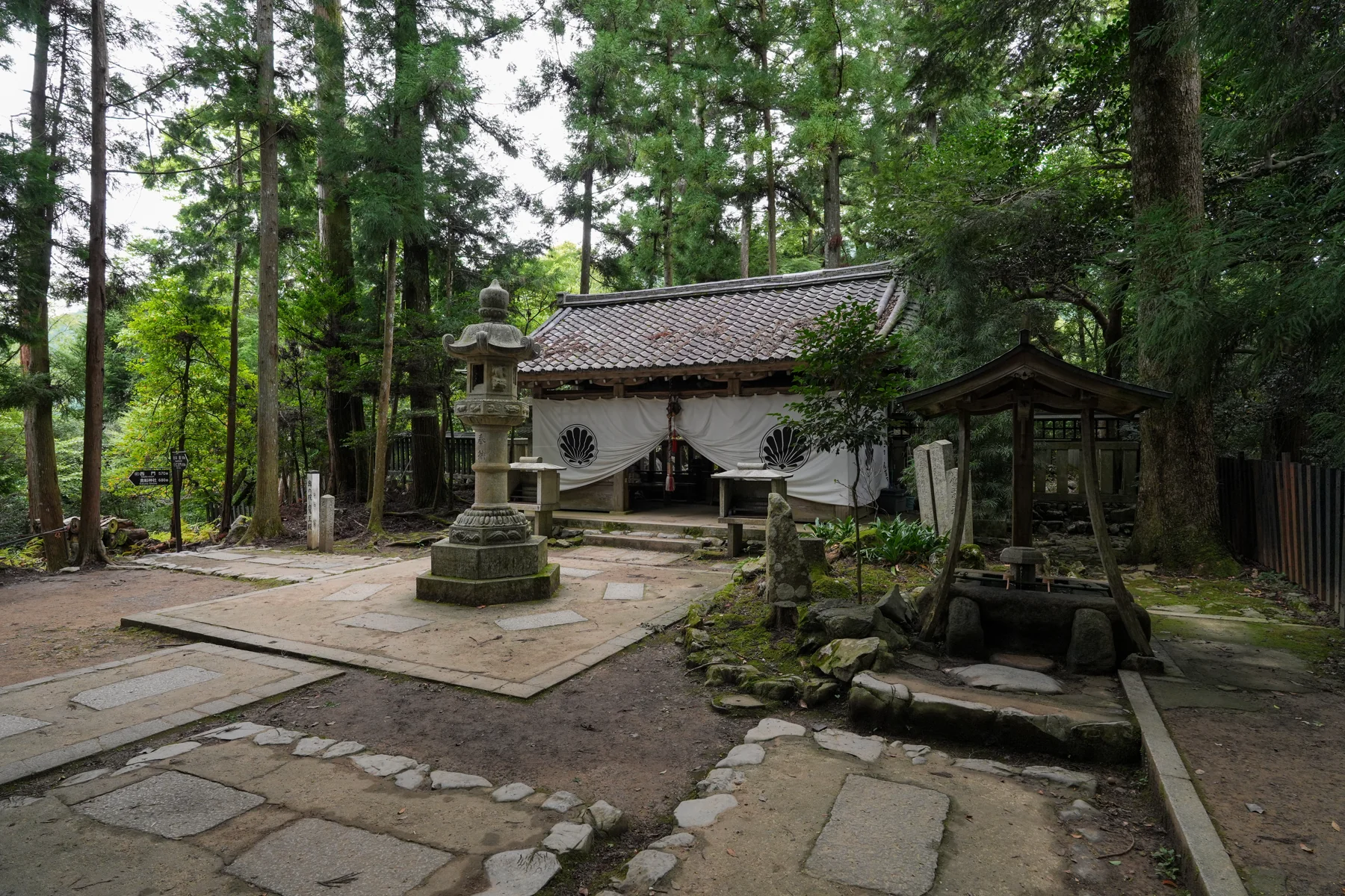 Oku-no-in Maō-den hall and its stone forecourt in the cedar forest.